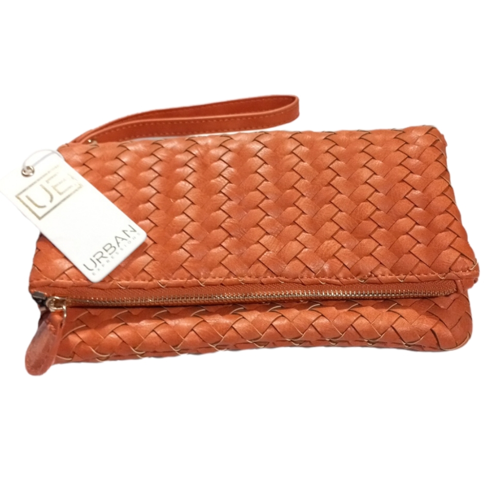 URBAN EXPRESSIONS Rope Design Burnt Orange Gold Zip Folding VEGAN Clutch